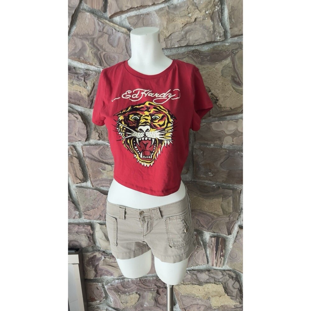 Ed Hardy Tiger Baby Tee Crop Top Women's Large Y2K Biker XL‎